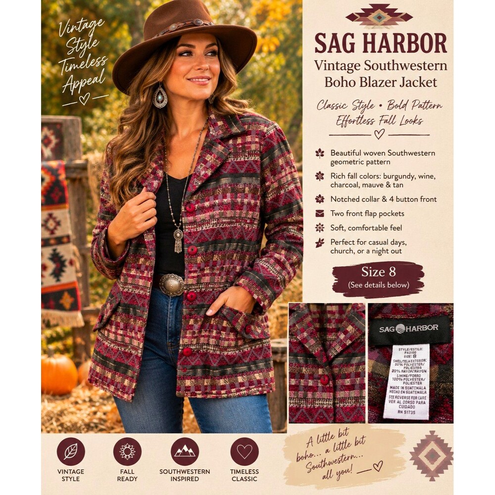 Sag Harbor Womens Southwestern Boho Geometric Button-Front Blazer Jacket 8